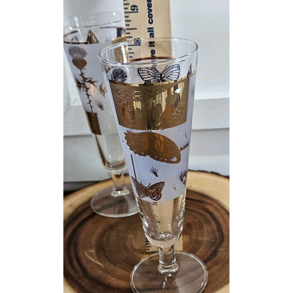 VTG MCM 22 KT Gold Butterfly Thistle Frosted Fred Press Champagne Set of 2 - Picture 8 of 8